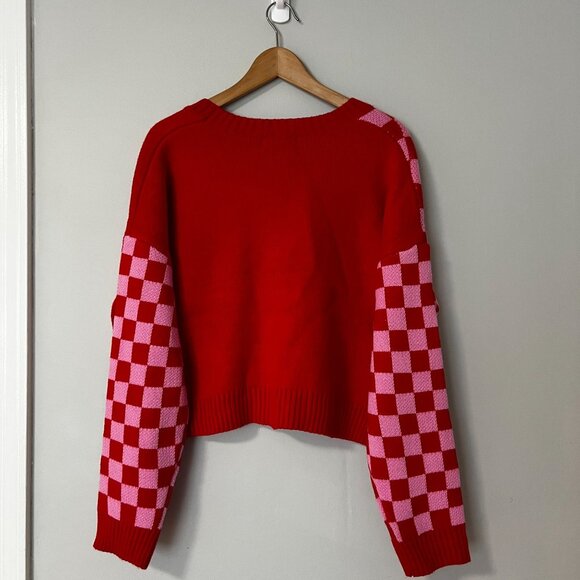 Peanuts Snoopy Valentine's Day Cardigan Sweater V-Neck XTRA-LARGE Red Checker - Picture 3 of 10